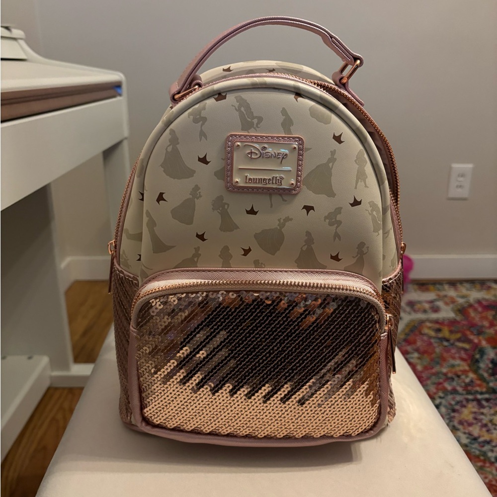 NWOT Disney Ultimate Princess All Over Print Sequin Loungefly Mini Backpack